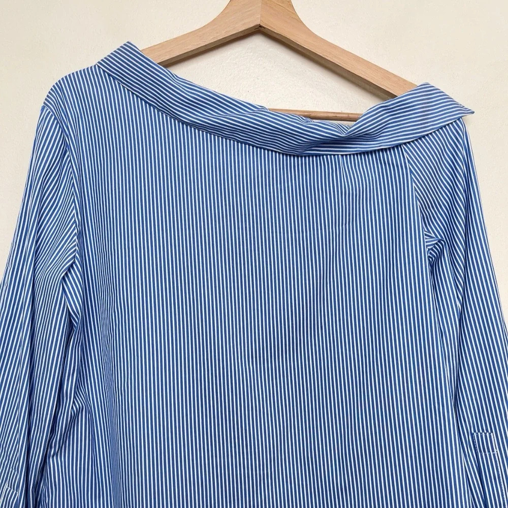 DKNY Womens Small Poplin Asymmetrical One Shoulder Button Shirt Stripes - Picture 10 of 12